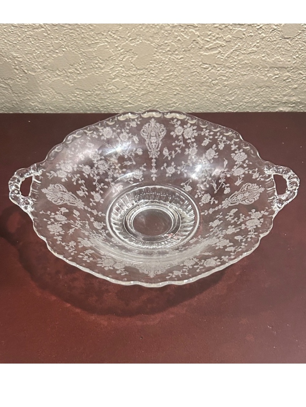 Cambridge Etched Glass “Rosepoint” Dish with Handles